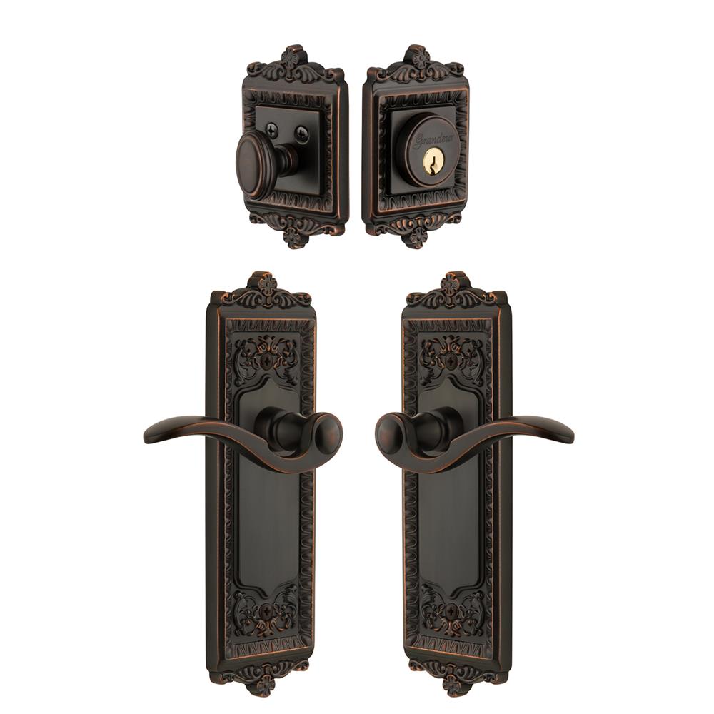 Grandeur by Nostalgic Warehouse Single Cylinder Combo Pack Keyed Differently - Windsor Plate with Bellagio Lever and Matching Deadbolt in Timeless Bronze